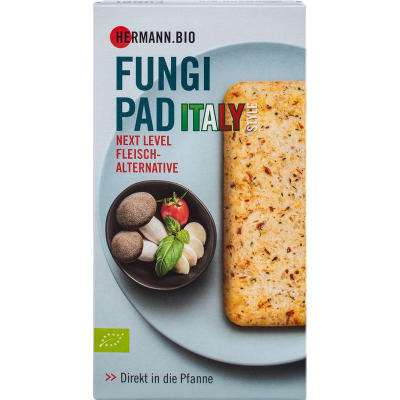 HERMANN HERMANN.BIO FUNGI PAD, Italy Style, Vegetarisches Bio-Pilzerzeugnis, gesalzen, gewürzt, vorgegart, aufgetaut - Produktbild