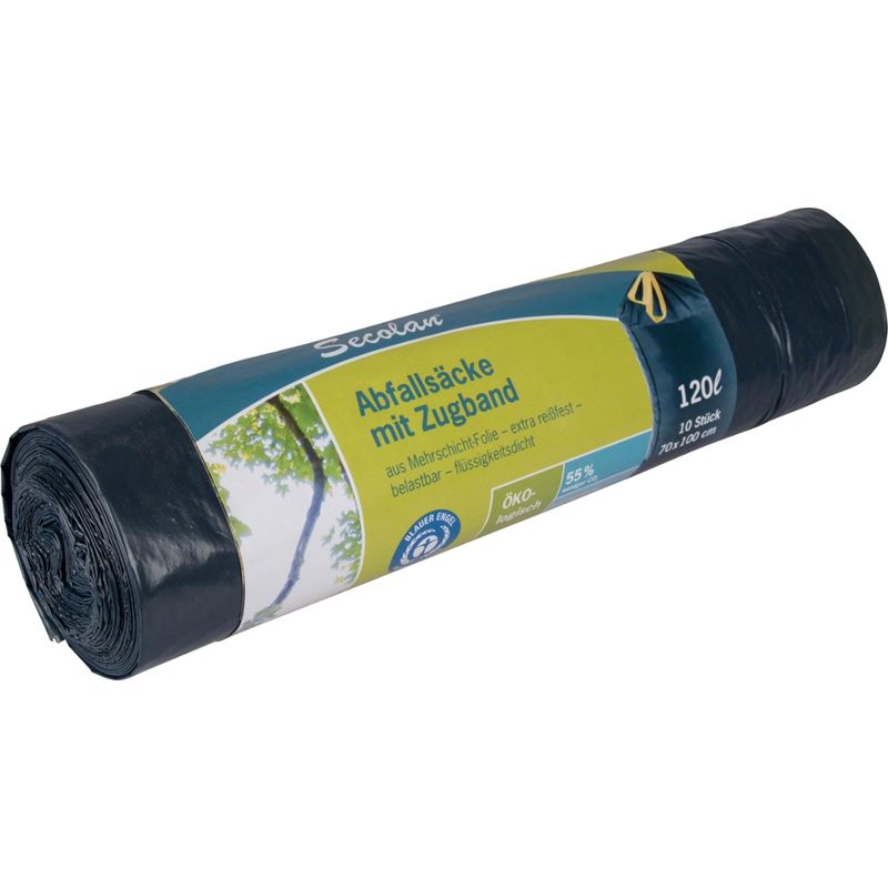 memo Handelsware Secolan Mülleimerbeutel mit Zugband, 120 Liter, 10 Stück, 35 µ, blau/schwarz - Produktbild
