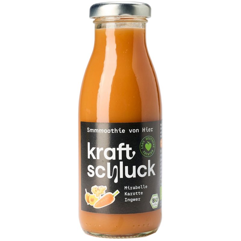 kraftschluck kraftschluck gelber Smoothie, MIRABELLE, KAROTTE, INGWER, bio, 0,25 l Flasche - Produktbild