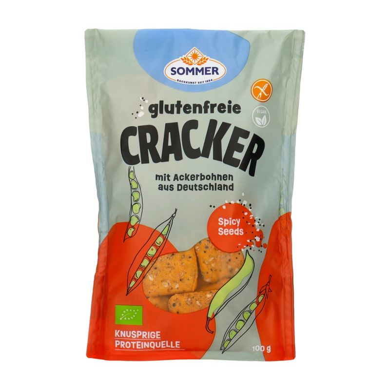 SOMMER BACKKUNST SEIT 1864 glutenfreie Cracker mit Ackerbohnen aus Deutschland Spicy Seeds - Produktbild