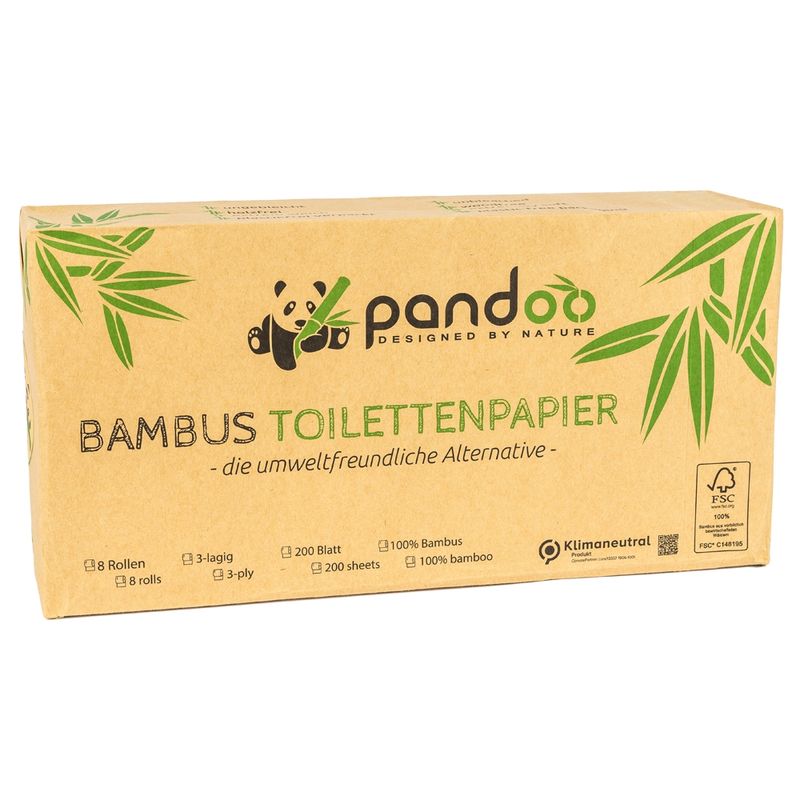 pandoo Das pandoo Bambus Toilettenpapier ist sehr sanft und dadurch für empfindliche und gereizte Haut geeignet. Bei der Herstellung verzichten wir bewusst auf den Bleichprozess und die Perforierung: Für ein natürliches und umweltfreundliches Produkt. - Produktbild