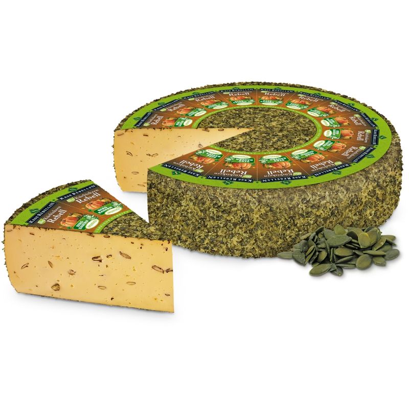 Käserebellen Bio Kürbiskern Rebell, Schnittkäse mindestens 50% Fett i.Tr.aus Bio-Bergbauern-Heumilch g.t.S., mit Bio-Kürbiskernen affiniert - Produktbild