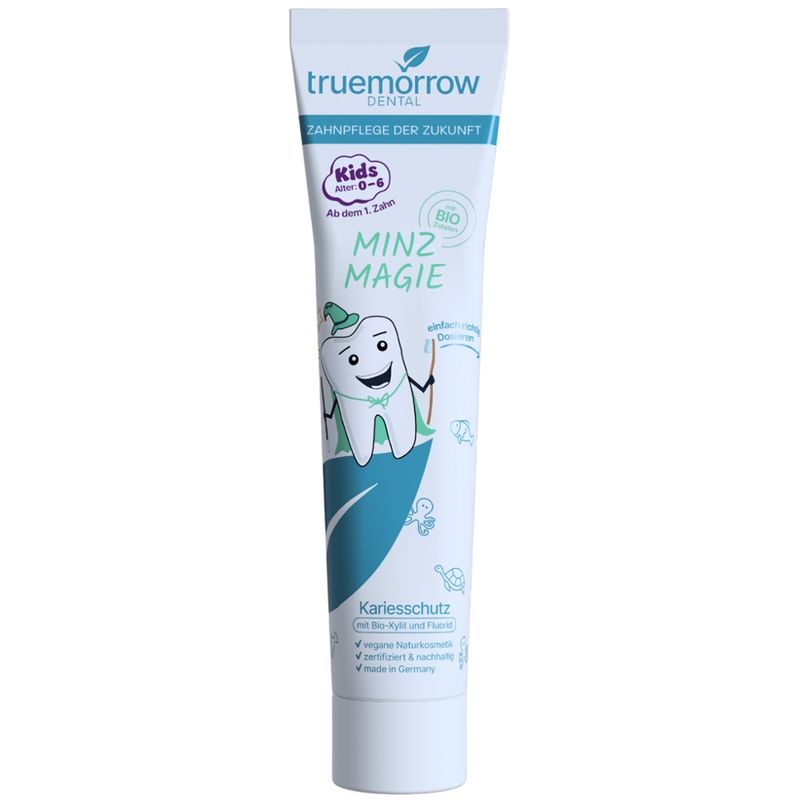 truemorrow Kinderzahnpasta Minz Magie Karies Rundumschutz mit Fluorid & Bio-Xylit, Zertifizierte, vegane Naturkosmetik, nachhaltige Verpackung & made in Germany. - Produktbild