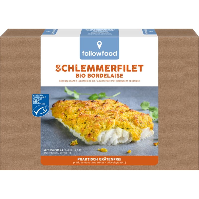 followfood Schlemmerfilet Bio Bordelaise, Alaska-Seelachs Filet, praktisch grätenfrei, aus Blöcken geschnitten, mit knuspriger Bio-Kräuterauflage, tiefgekühlt. - Produktbild