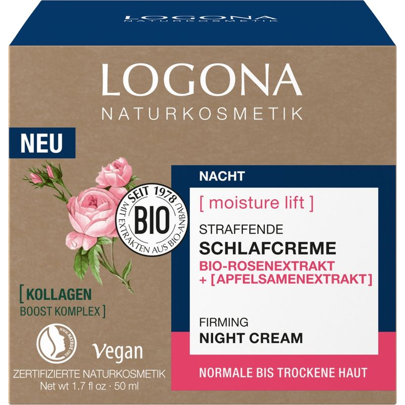Logona Moisture Lift straffende Schlafcreme mit Bio-Rosenextrakt und Apfelsamenextrakt - Produktbild