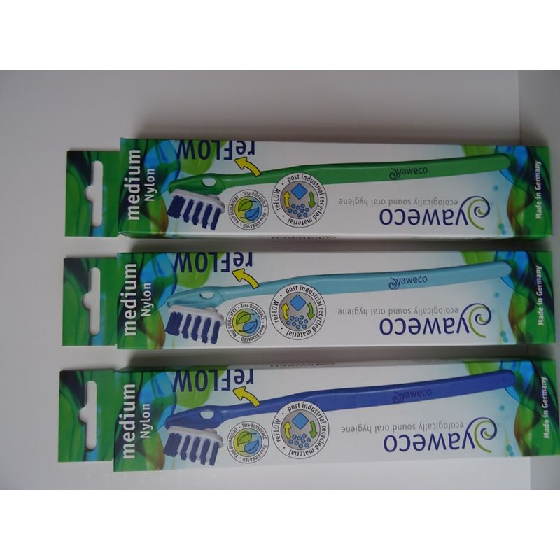 yaweco Wechselkopfzahnbürste reFLOW, medium, aus post industriellem Recyclat (nach Produktion recyceltes PP), Griffe farblich sortiert: blau, mint, grün. - Produktbild