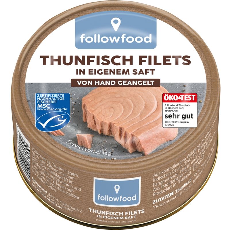 followfood MSC Thunfisch Filets (Katsuwonus pelamis) in eigenem Saft, aus Angelruten-Fischerei - Lithodose - Produktbild