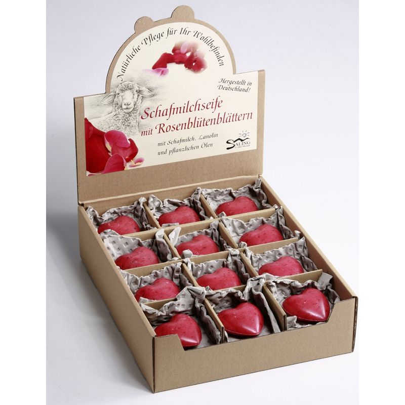 Saling Schafmilchseife Herz Rose rot mit Rosenblütenblättern - Produktbild