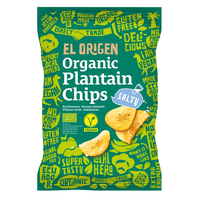 el origen el origen Bio Kochbananen Chips mit Meersalz, 80 g – aus direct trade, bio-zertifiziert, vegan, ohne Palmöl, glutenfrei, ohne Zusätze. - Produktbild