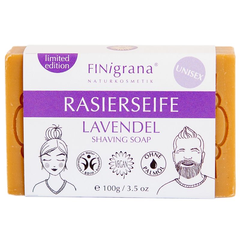 FINigrana® Naturkosmetik FINigrana Rasierseife, Lavendel aus 5 wertvollen, verseiften Pflanzenölen, verfeinert mit rein ätherischem Lavendelöl 100g,  zur milden Nass Rasur, Bartpflege & Haarentfernung , für aller Hauttypen, unisex - Produktbild