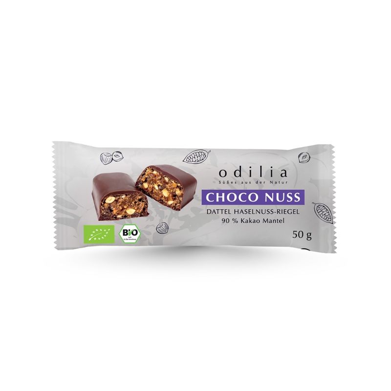 odilia Choko Nuss Bio Dattel-Haselnuss-Riegel – schokoladiger Genuss mit Crunch, 100 % Bio, vegan, glutenfrei, ohne Zuckerzusatz, nur mit Datteln gesüßt - Produktbild