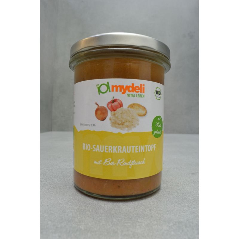 mydeli BIO Sauerkrauteintopf mit Rind (Deftiger Eintopf mit Sauerkraut, Kidneybohnen und gesottenen Rindfleischwürfeln) - Produktbild