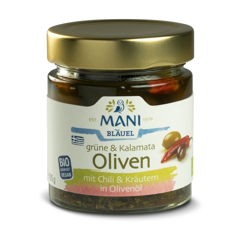 MANI® MANI Grüne und Kalamata Oliven mit Chili und Kräutern in Olivenöl, bio - Produktbild