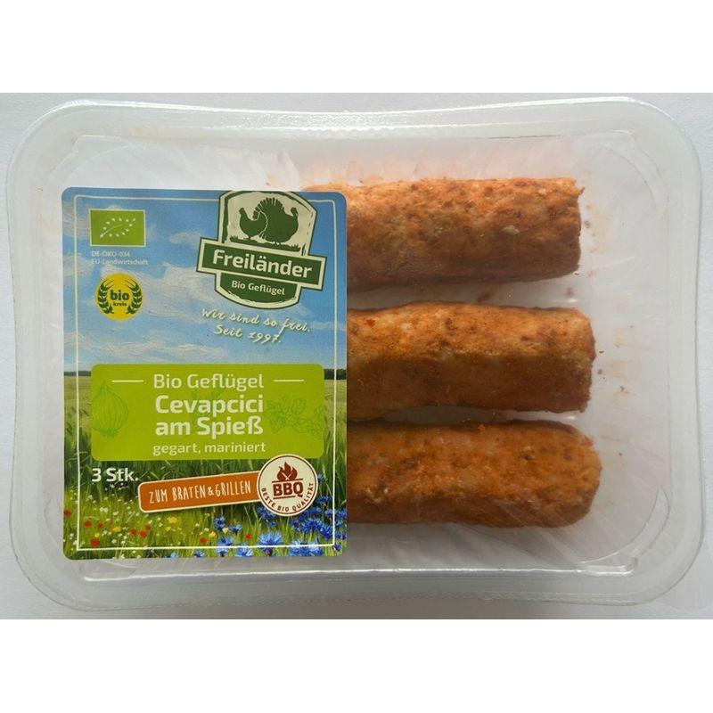 Freiländer Bio Geflügel Cevapcici Spieß gegart mariniert Paprika 3 x 72 g in MAP - Produktbild