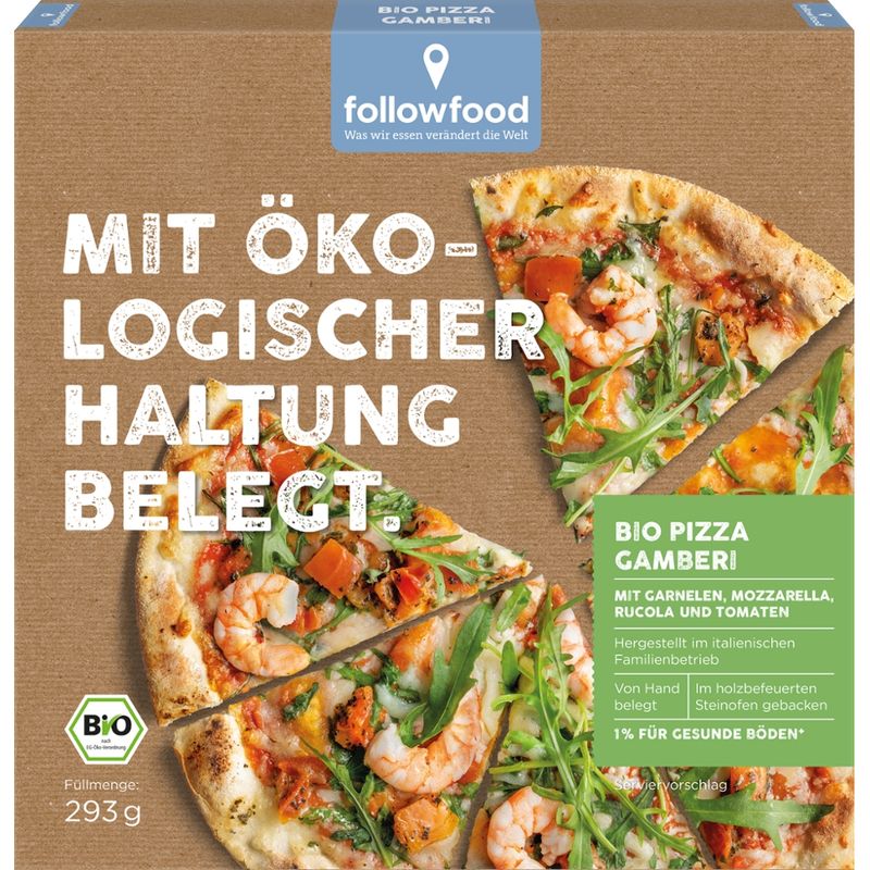 followfood Bio Pizza Gamberi,  belegt mit Tomatenpüree, Garnelen (Litopenaeus vannamei), Mozzarella, würzigem Rucola und marinierten Tomaten, tiefgekühlt, 293g - Produktbild
