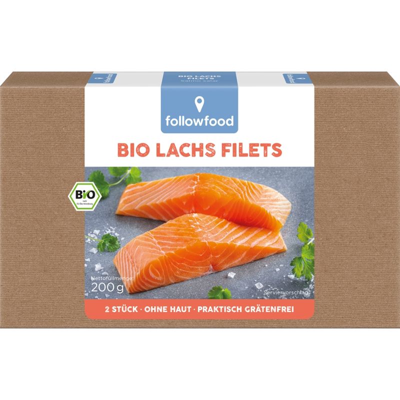 followfood 2 Bio Lachs Filets, ohne Haut, praktisch grätenfrei, portioniert, tiefgekühlt. - Produktbild