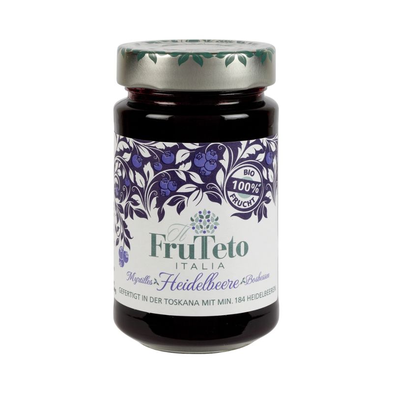 FruTeto Italia Frutteto Italia 100 % Heidelbeere Bio-Fruchtaufstriche 250 g. Fruchtanteil 100 %. Zubereitet nur mit Früchten, ohne Rohrzucker, ohne Süßstoffe, ohne Konservierungsstoffe. Schmeckt nach Frucht pur frisch gepflückt. - Produktbild