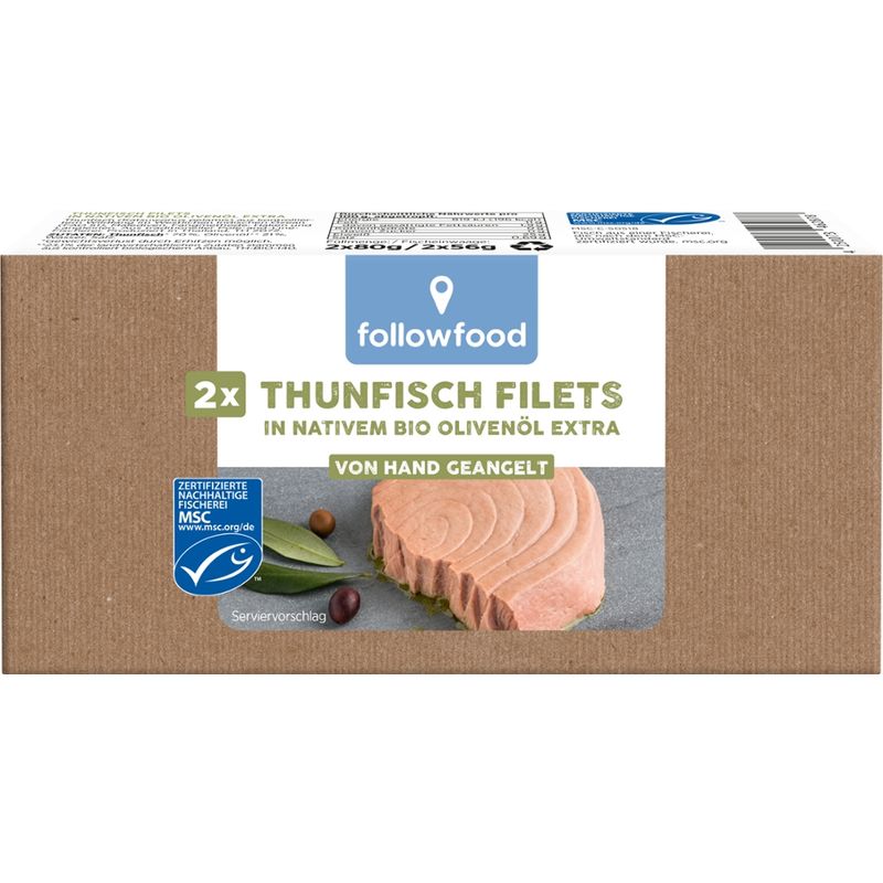 followfood 2 x MSC Thunfisch Filets in nativem Bio Olivenöl, von Hand geangelt, Doppeldose - Produktbild