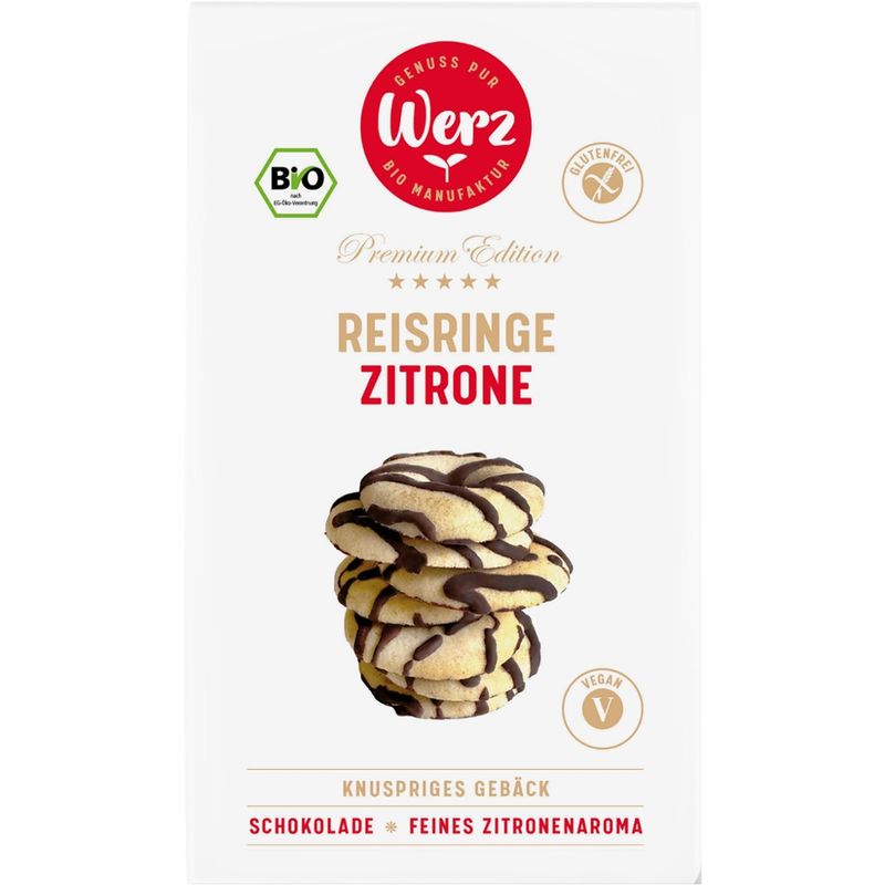 Naturkornmühle Werz Reis Ringe Zitrone mit Schokolade, Vollkornkekse, glutenfrei - Produktbild