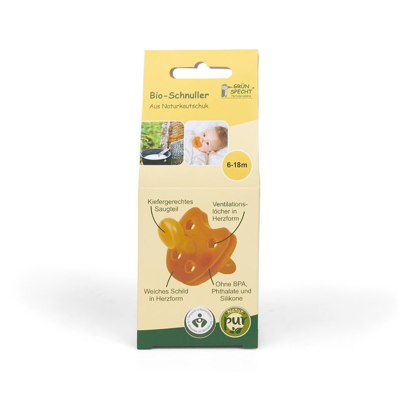 GRÜNSPECHT Naturprodukte GRÜNSPECHT Bio-Schnuller, Naturkautschuk, 6-18M, Kiefergerechtes Saugteil, Weiches Schild in Herzform, Ohne BPA und Phthalate, Entspricht der DIN EN 1400 - Produktbild