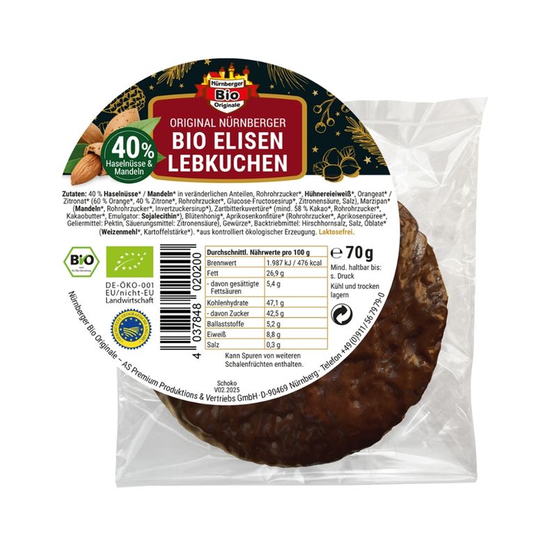 Nürnberger Bio Originale 1 Original Bio Elisen-Lebkuchen, schokoliert - Produktbild