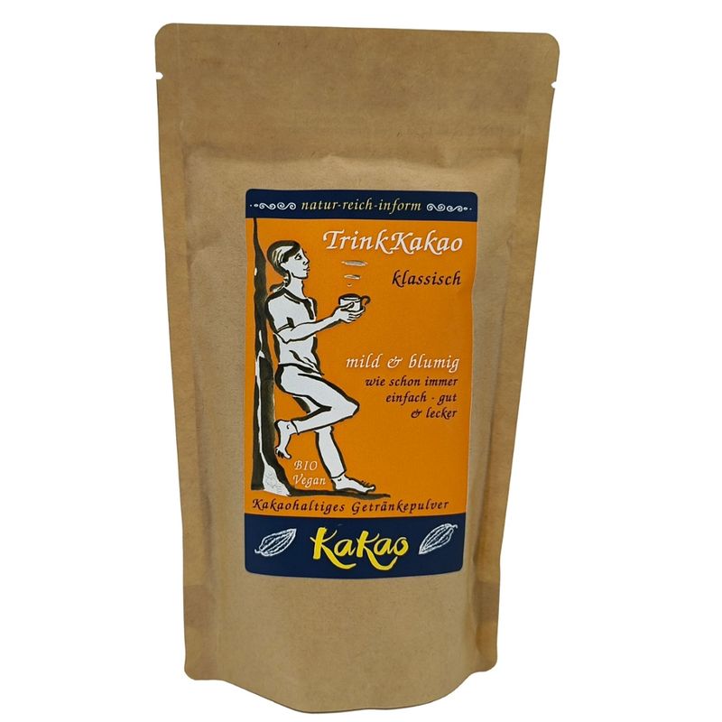 natur-reich-inform TrinkKakao klassisch – kakaohaltiges Getränkepulver - dezent gesüßt.  Mild & blumig  - wie schon immer einfach – gut & lecker. Bio & Vegan. - Produktbild