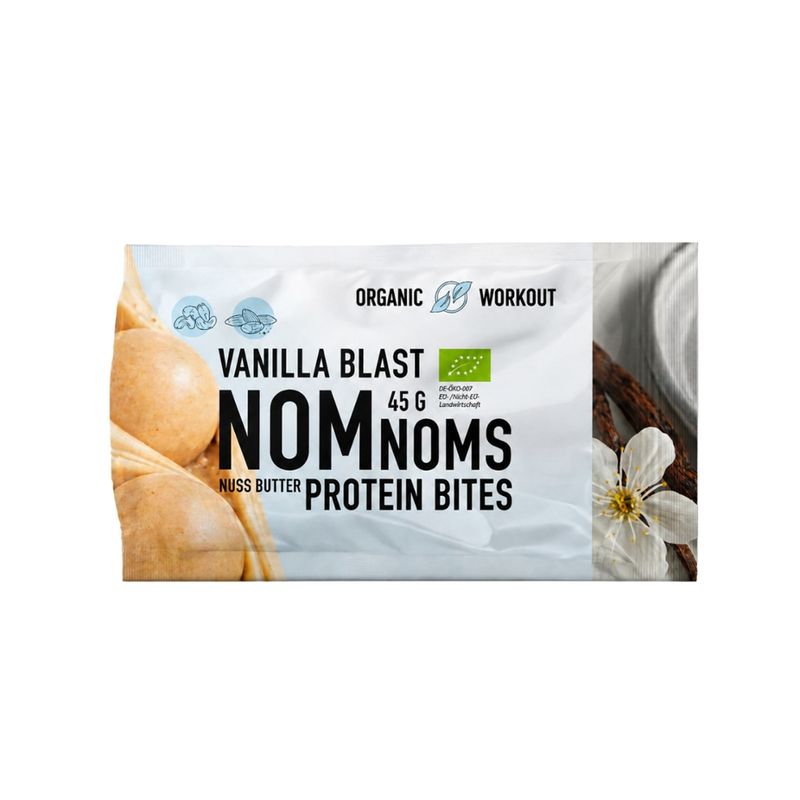 Organic Workout Vanilla Blast NomNoms Protein Bites – Bio Protein-Nuss-Snack auf Basis von Nussmus und Erbsenprotein, gesüßt mit Erythrit und Reissirup - Produktbild