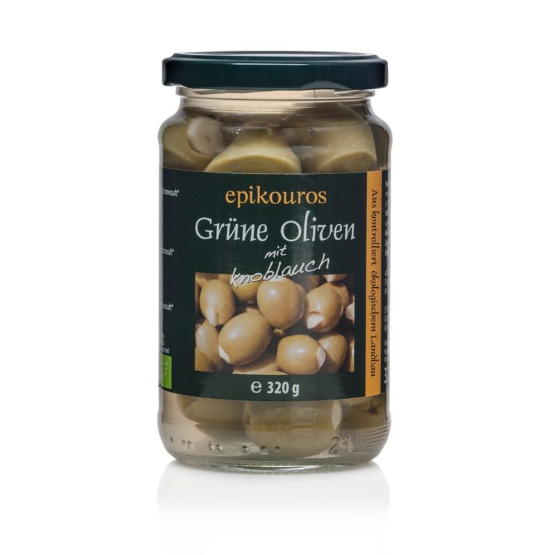 EPIKOUROS Grüne Oliven gefüllt mit Knoblauch, in Lake, pasteurisiert - Produktbild