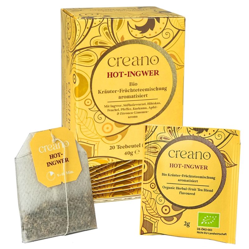 Creano Creano Hot Ingwer Bio Kräuter-Früchteteemischung aromatisiert im Doppelkammerbeutel 40g (20x 2g) - Produktbild