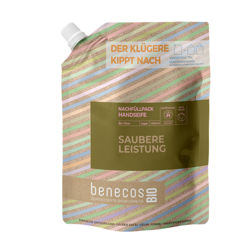 benecos benecosBIO Nachfüllbeutel 1000 ml Handseife BIO-Olive - SAUBERE LEISTUNG - Produktbild