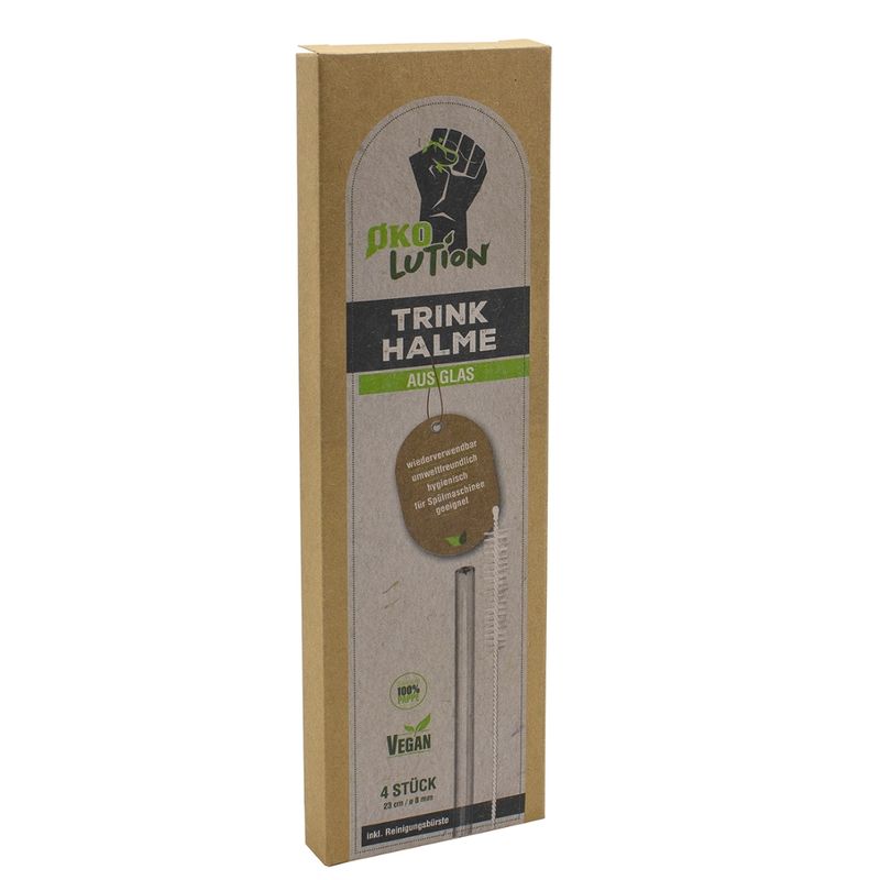 Ökolution Ökolution Glastrinkhalme 4er Set mit Reinigungsbürste 23m lang 8mm dick Verpackung FSC zertifiziert - Produktbild