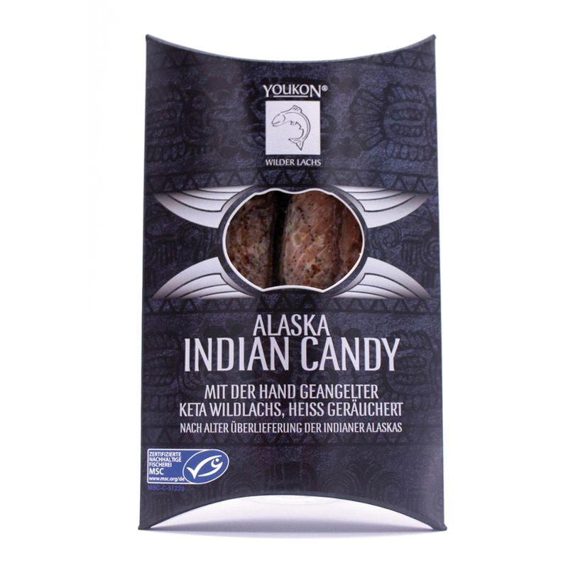 Youkon Wilder Lachs  Youkon Alaska Indian Candy 114 g Wildlachsstreifen vom Keta-Wildlachs, frisch gefangen in den eiskalten Gewässern Alaskas, mit der Hand geangelt, heiß geräuchert, nach alter Überlieferung der Indianer Alaskas - Produktbild