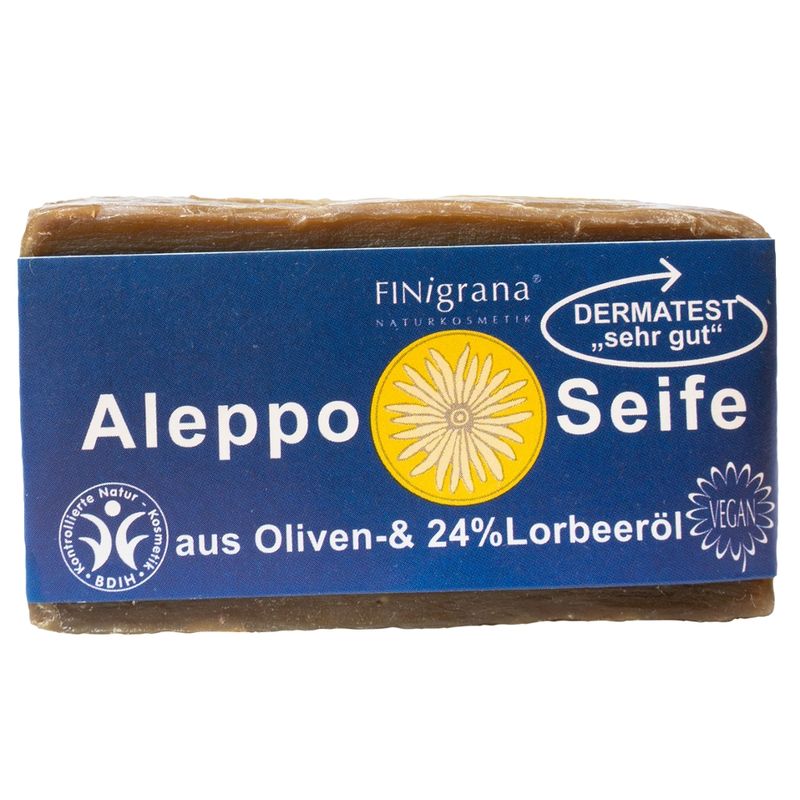 FINigrana® Naturkosmetik FINigrana Aleppo Olivenseife mit 24% Lorbeeröl,  200g traditionell handgeschnittener Naturblock, reine Pflanzenseife für alle Hauttypen - Produktbild