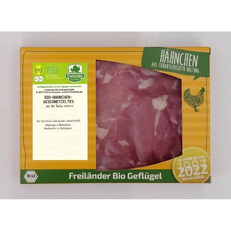 Freiländer Bio Geflügel Bio Hähnchen-Keulengeschnetzeltes tiefgefroren, ca. 350g, vac., 6er Karton - Produktbild