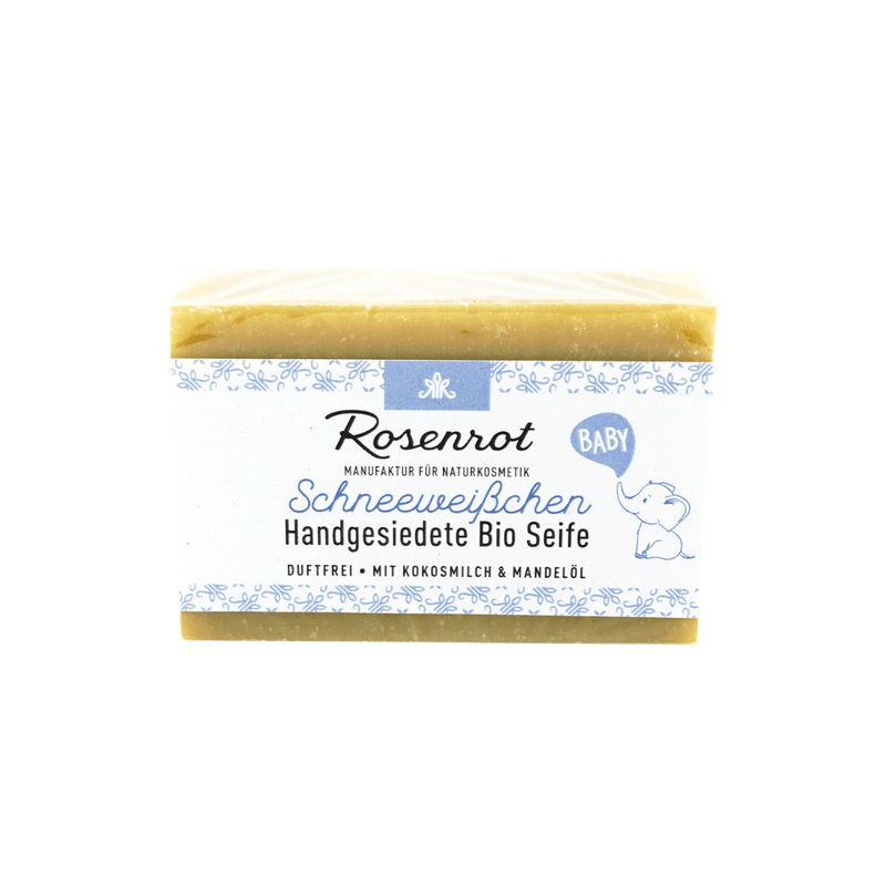 Rosenrot Naturkosmetik Bioseife - Baby - Schneeweißchen. Rückfettende Seife speziell für zarte Babyhaut und für sensible Erwachsenenhaut. - Produktbild