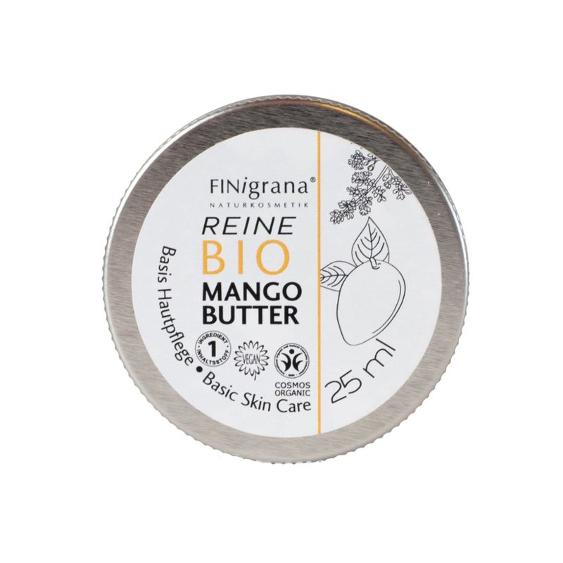 FINigrana® Naturkosmetik FINigrana® 100% Reine Bio Mangobutter (Basis Hautpflege / Basic Skin Care / Beurre Corporel) in Weißblechdose, 25ml mit Umkarton - Produktbild