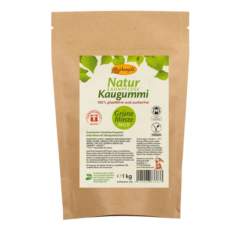 Birkengold Birkengold Zahnpflege Natur Kaugummi grüne Minze mild - plastikfrei -  Beutel - Produktbild