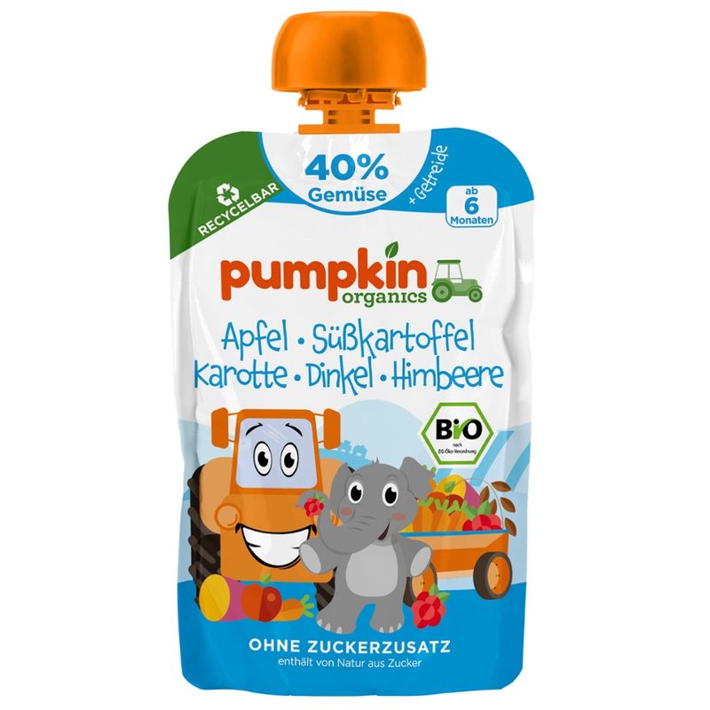 Pumpkin Organics Bio Quetschie: Apfel, Süßkartoffel, Karotte, Dinkel, Himbeere - Produktbild