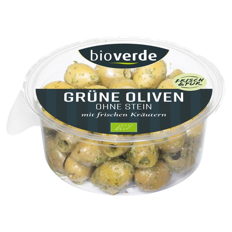 bio-verde Grüne Oliven ohne Stein mariniert mit frischen Kräutern 150 g - Produktbild