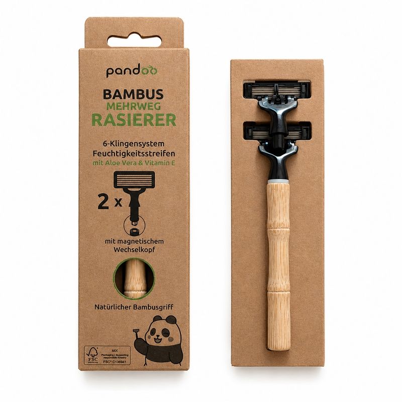 pandoo pandoo Mehrweg-Rasierer mit Bambusgriff: 6-Klingen-System mit magnetischem Wechselkopf, inklusive zwei Klingenköpfen. - Produktbild
