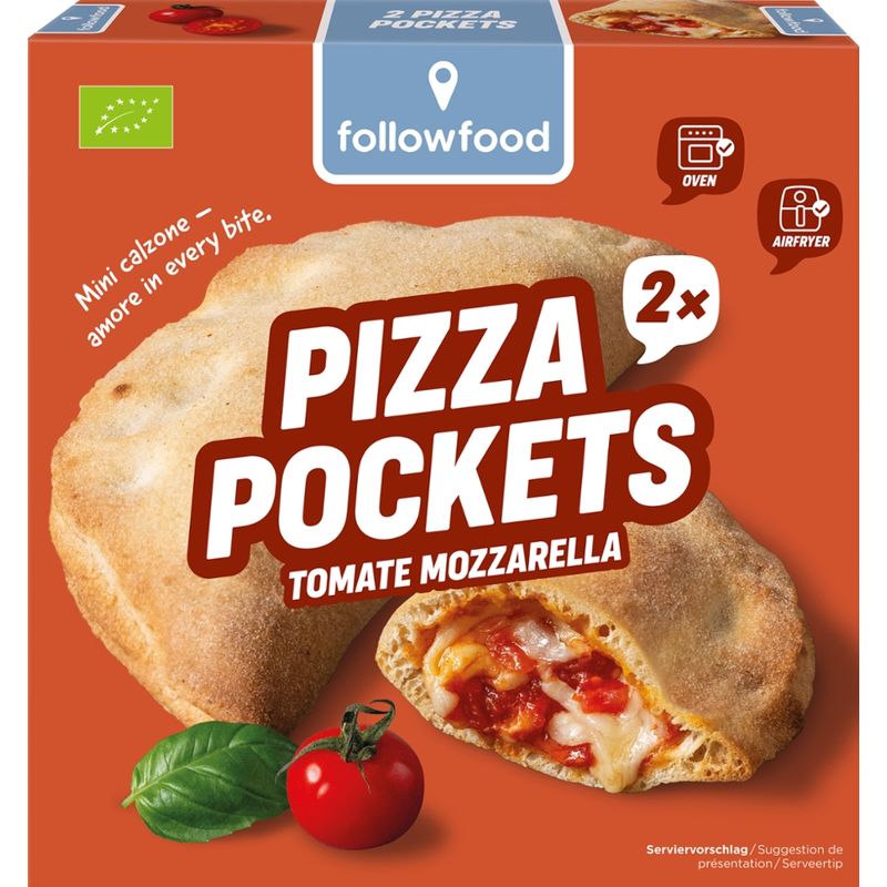 followfood Bio Pizza Pockets, Bio Teigtaschen gefüllt mit Tomatenpüree und Mozzarella, vorgebacken, tiefgekühlt - Produktbild
