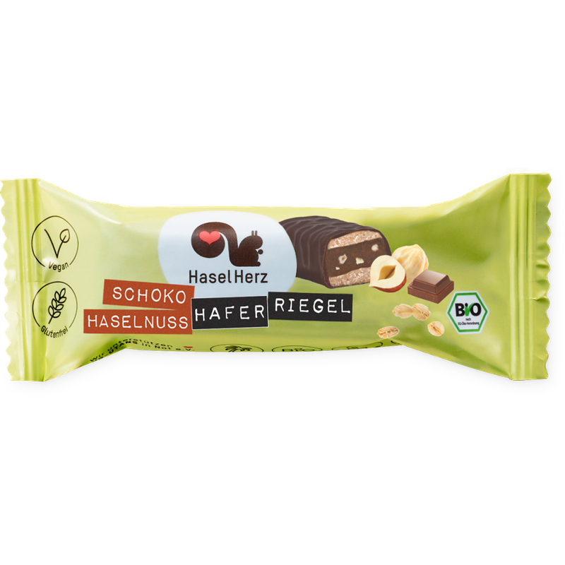 HaselHerz Veganer Bio-Schoko-Haselnuss-Haferriegel mit Schokoladenüberzug - Produktbild