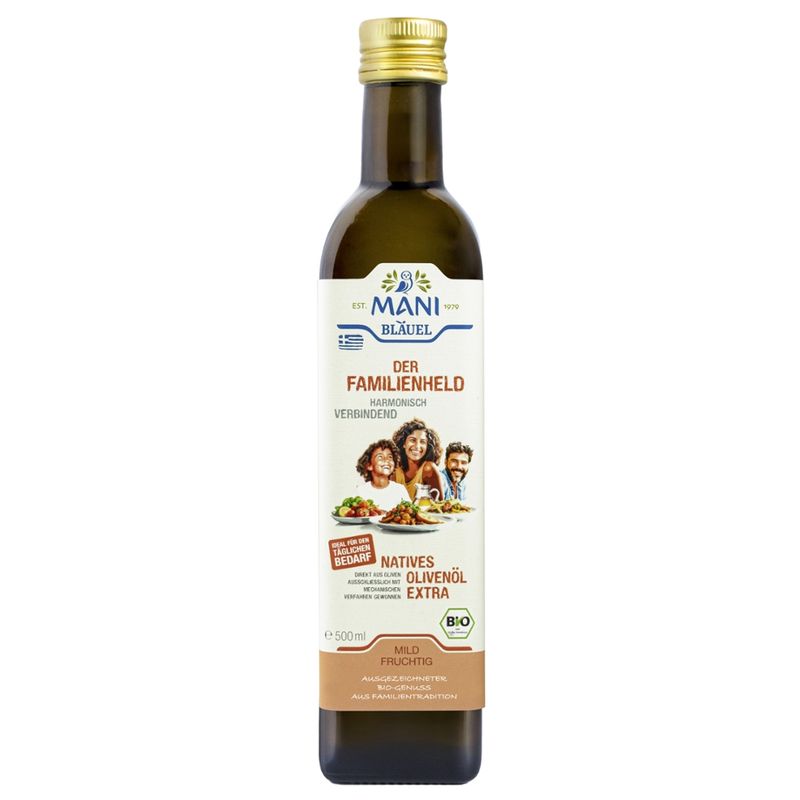 MANI® MANI Bläuel Der Familienheld, 100% natives Olivenöl extra, BIO, 0,5 l Fl. - Produktbild