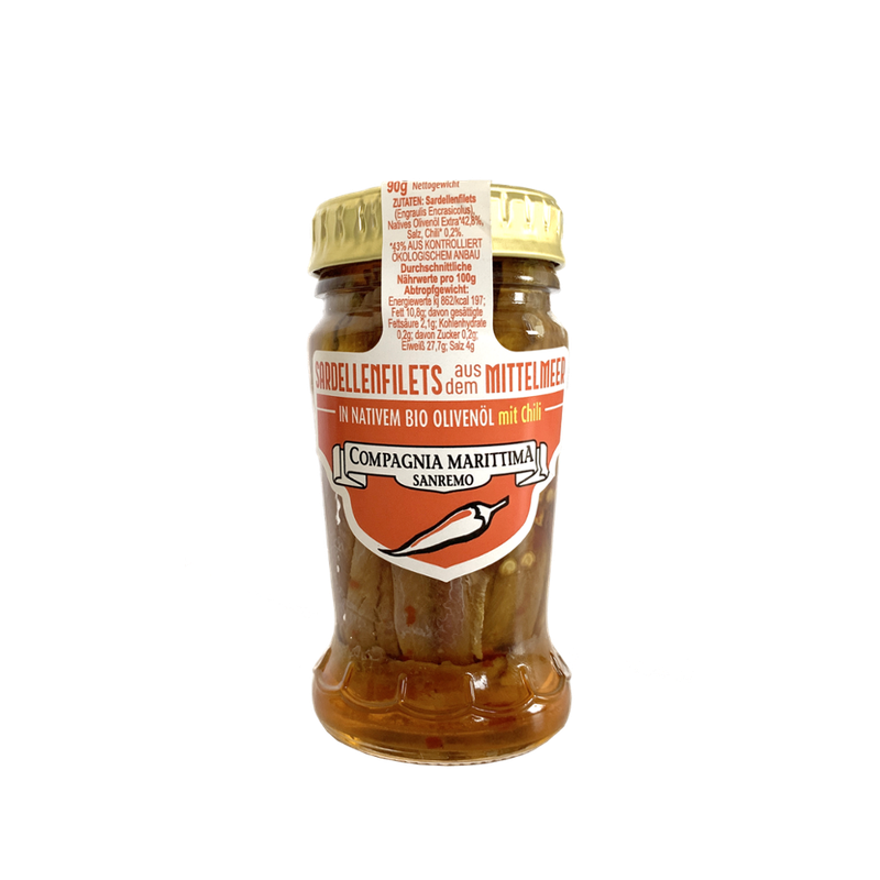 Compagnia Marittima Sanremo  Handgelegte Sardellenfilets aus dem Mittelmeer mit Chili in nativem Bio Olivenöl - Produktbild