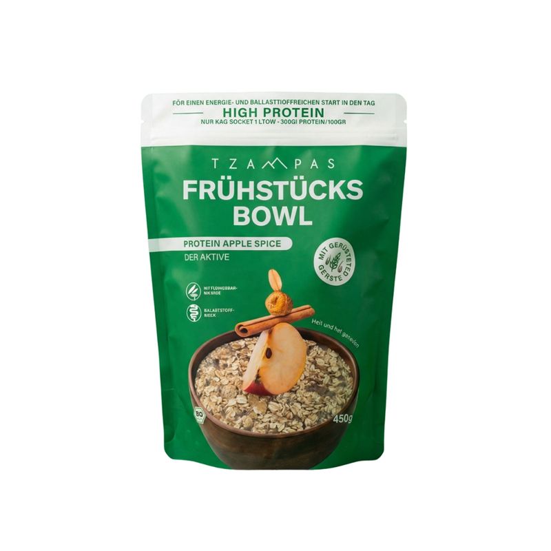 TZAMPAS TZAMPAS Clean Eating Bowl Protein Apple Spice - Der Aktive, 450g - Mit gerösteter Gerste, Flohsamenschalen und Erdmandelmehl - Produktbild