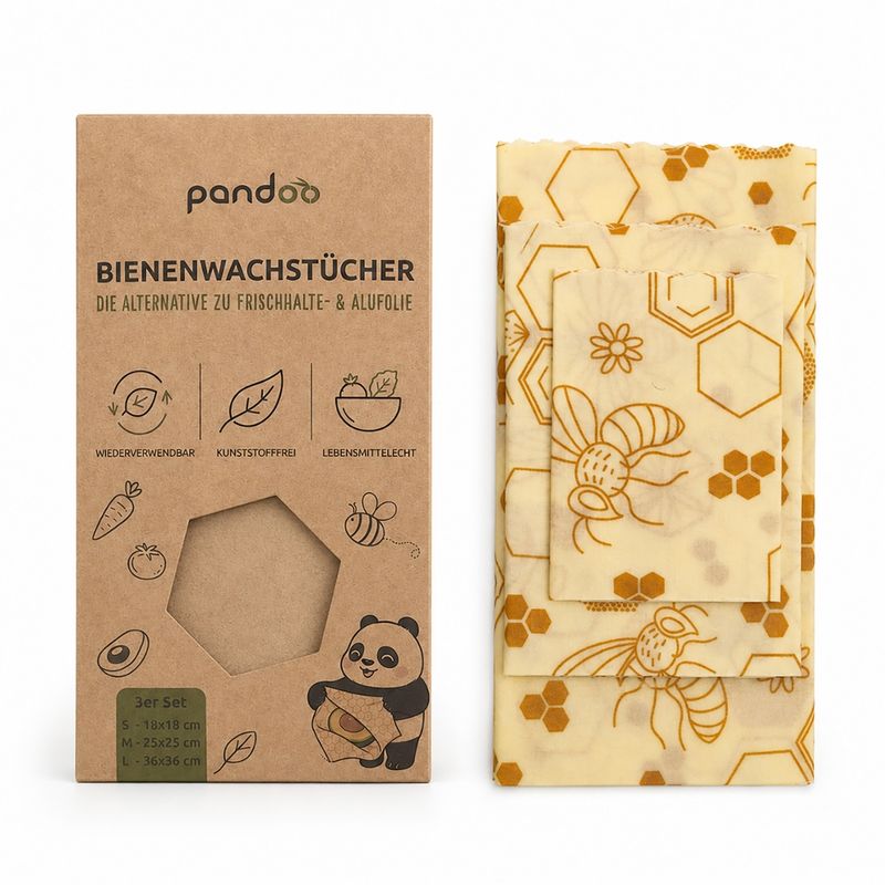 pandoo pandoo Bienenwachstücher im 3er-Set: die wiederverwendbare Alternative zu Frischhalte- und Alufolie, handgemacht in Europa. - Produktbild