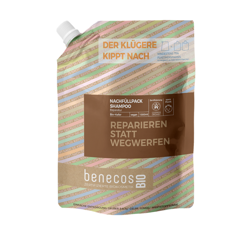 benecos benecosBIO Nachfüllbeutel 1000 ml Shampoo Reparatur BIO-Hafer - REPARIEREN STATT WEGWERFEN - Produktbild