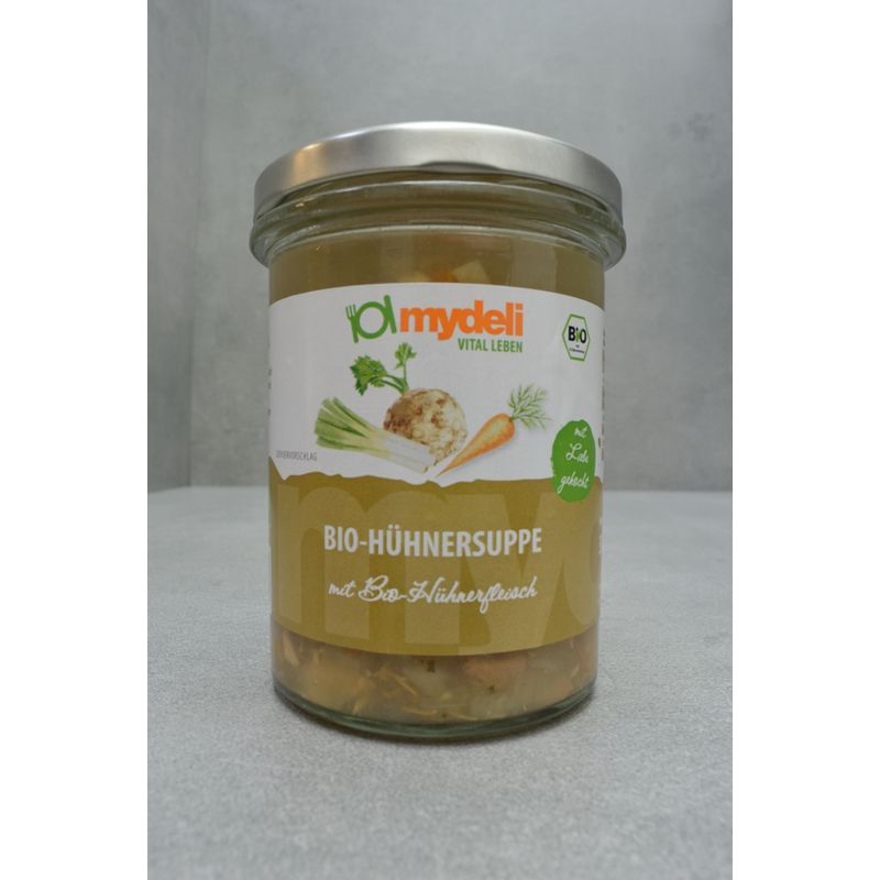 mydeli BIO Hühnersuppe (klare Gemüsebrühe mit Hühnerfleisch und Gemüseeinlage) - Produktbild