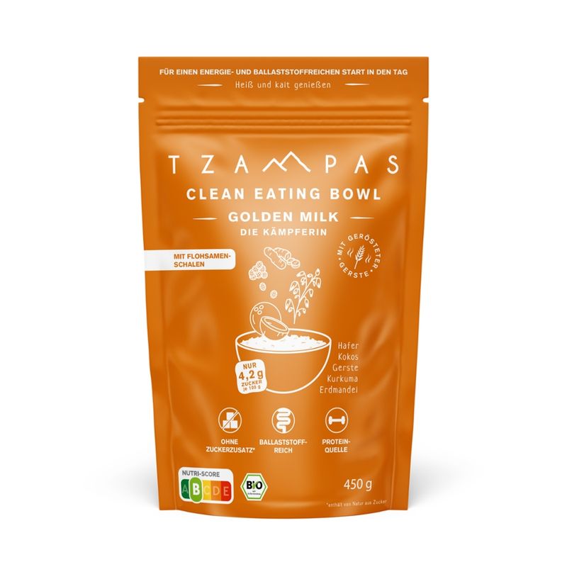 TZAMPAS TZAMPAS Clean Eating Bowl Golden Milk - Die Kämpferin, 450g - Mit gerösteter Gerste, Flohsamenschalen und Erdmandelmehl - Produktbild