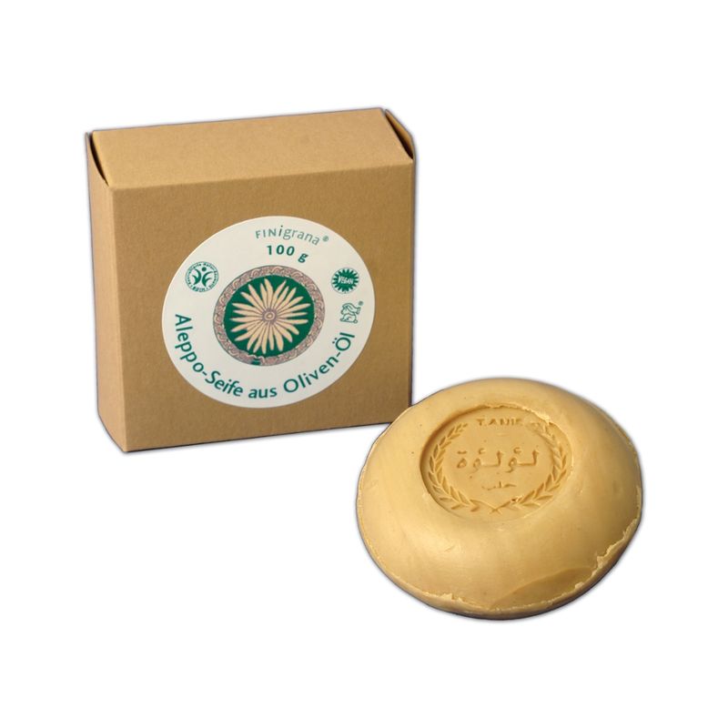 FINigrana® Naturkosmetik FINigrana Aleppo Olivenseife mit Weizenkeimöl,  95g rund in Geschenk Karton, besonders milde Pflanzenseife für alle Hauttypen, besonders für sensible und reife Haut - Produktbild